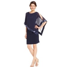 Xscape Capelet Mini Dress Navy Blue Sequin Trim Sheath Sheer Cape Sz 10