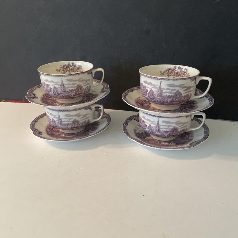 Vintage Johnson Bros Old Britain Castles 4 Tea Cups Saucers Purple Kenilworth