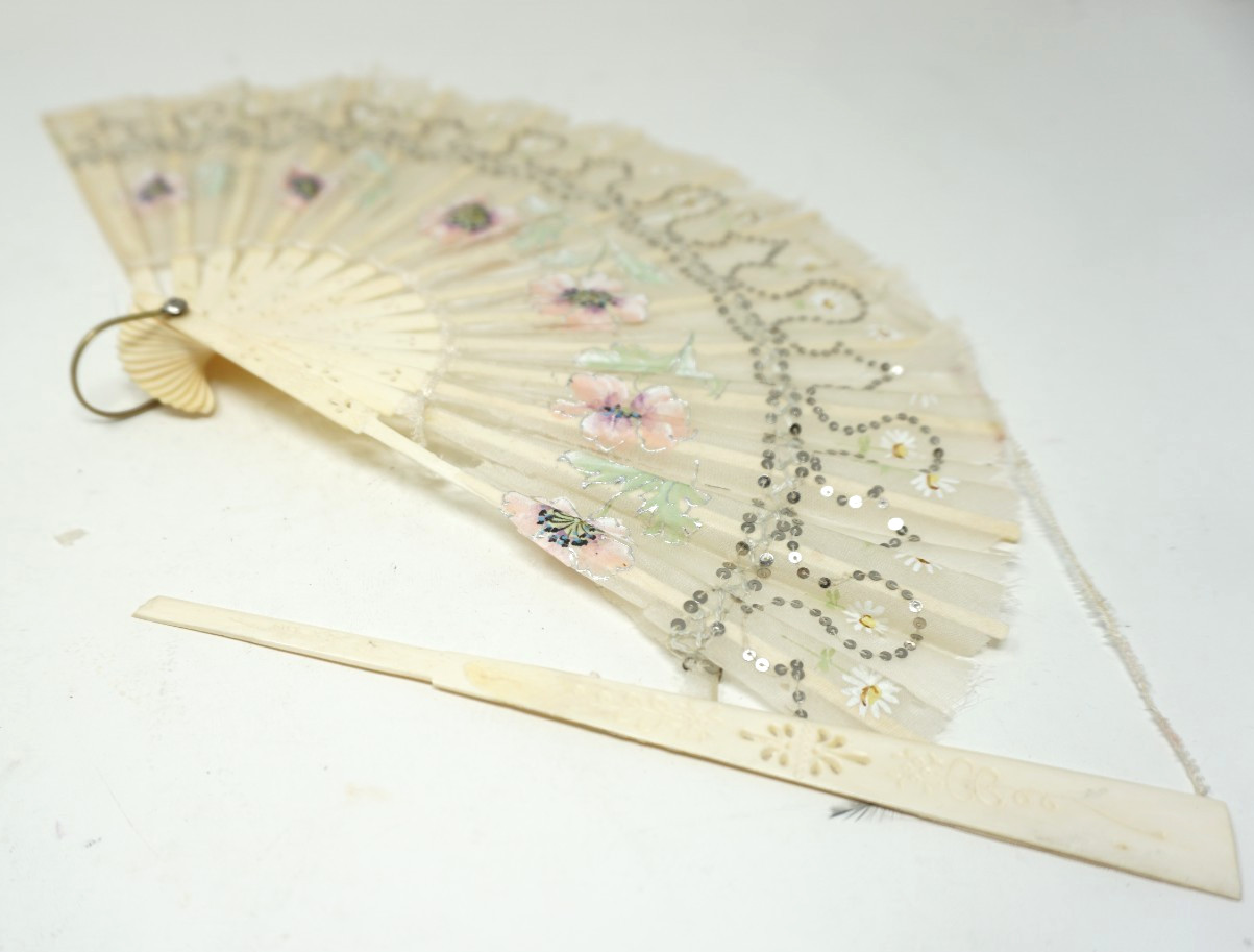 Antique Folding Hand Fan Painted Silk Sequin Fabric & Carved Bone Sticks
