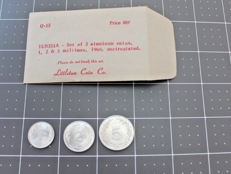 Tunisia Set of Three Aluminum Coins 1, 2 & 5 Millimes 1960