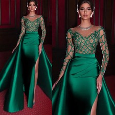 Green Mermaid Evening Dress Detachable Train Satin Split Full Sleeves Party Gown