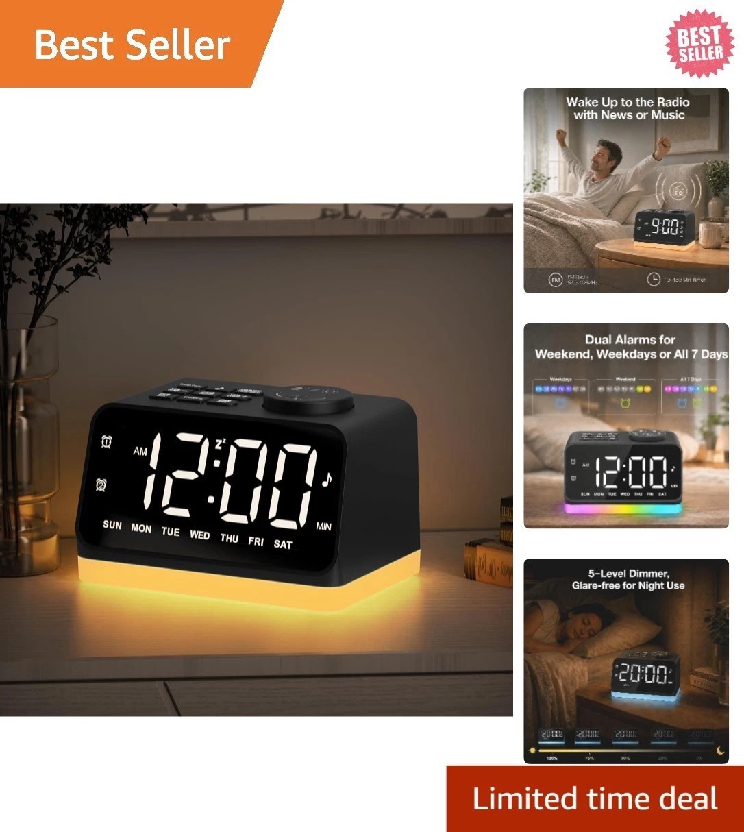 5-Inch Digital Alarm Clock with 2 USB Ports, Sound Machine & Dimmer for Bedrooms