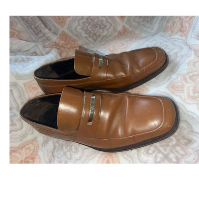 Gucci Men's Brown Leather Loafers 11.5 M Square Toe Logo Metal Trim Dress Shoes