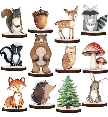 12 Pcs Painted Woodland Animals Wood Table Shower Decor Cake Topper