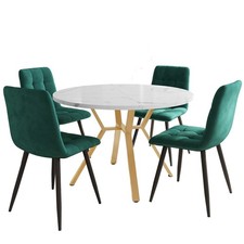 Round Kitchen Dining Table With Marble Look and 4 Green Tufted Velvet Chairs Set