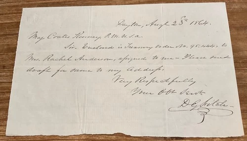 CIVIL WAR LETTER AUGUST 23, 1864 WIDOW REQUESTING BACK PAY FOR HUSBAND KILLED