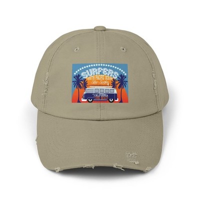 Surfers Van Distressed Cap   Vintage Beach Hat with Palm Trees