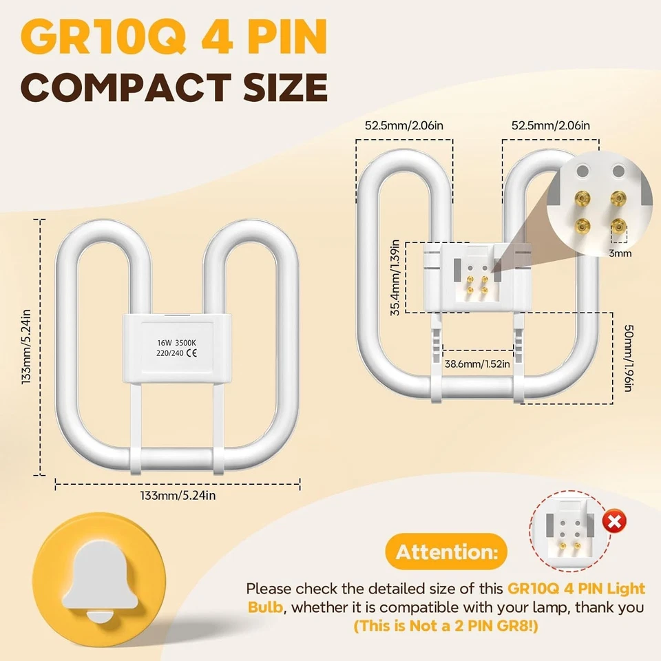 GR10q 4 PIN 16W Light Bulb, 2D 4 Pin Bathroom Light Bulbs Warm White 3500K, Squa - Image 4 of 4
