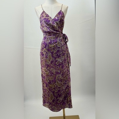 Zara Satin Wrap Strappy Midi Dress Paisley Print Purple Womens Size Medium