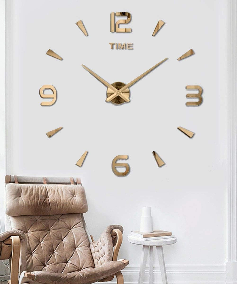 Large DIY Wall Clock Kit 3D Frameless Mirror Stickers Modern Home Office Decor G