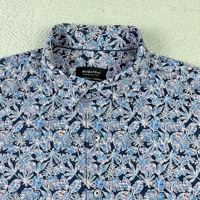 Bugatchi Shirt Mens XL Blue Floral OoohCotton Tech 8 Way Stretch Button Up