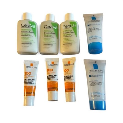 Lot Of 8 Travel Sample Laroche Posay & CeraVe Foam Cleanser & SPF 100 Sunscreen