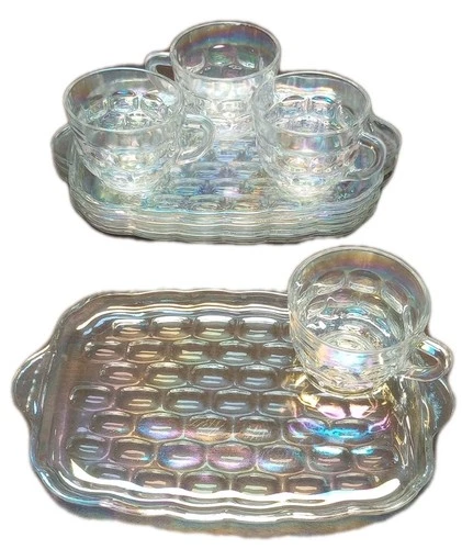 Federal-Vintage Iridescent Glass Snack Plate Set of Four w/ 4 cups