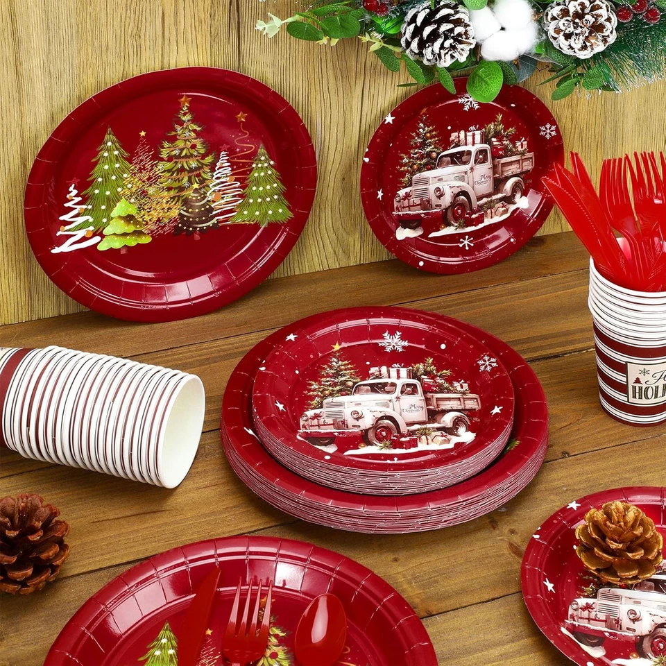 Juego de vajilla desechable de Navidad de 150 piezas para 25 invitados - platos rojos de vacaciones, Foto 4 de 4