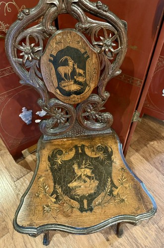 Antiq Vtg Musical German Renaiss Revival Blk Forest Marquetry Scene Chair C 1880 - Picture 5 of 19