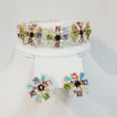 KIRKS FOLLY Multi Color AB Crystal Flower Stretch Bracelet  display picture 1