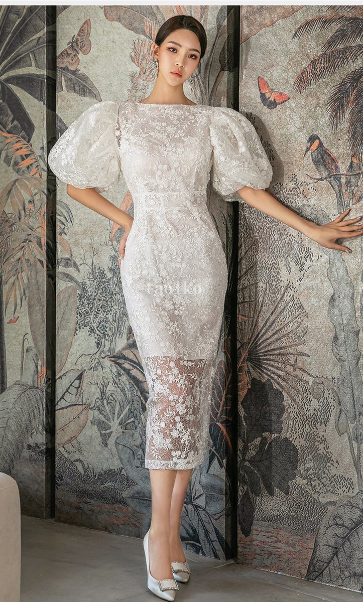 Women Half Puff Sleeve Lace Mid Long Pencil Dress Floral Women Half Puff Sleeve Lace Mid Long Pencil Dress Floral