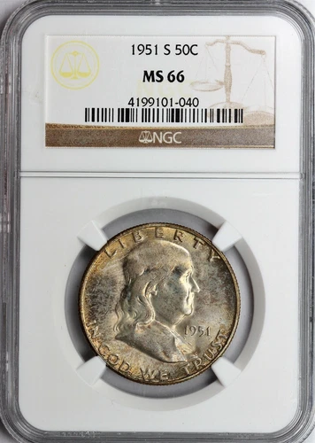 1951-S Franklin Half Dollar NGC Certified MS66 - Great Mint Set Toning 