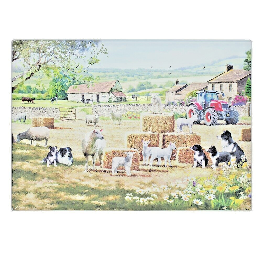 Border Collie Sheep Farmyard Tractor Worktop Protector Saver Cutting Board  NEW