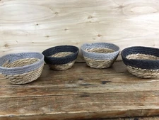 Lot of 4 Small Woven Wicker Basket Bowls Painted Rim Gray Black Mini Decor