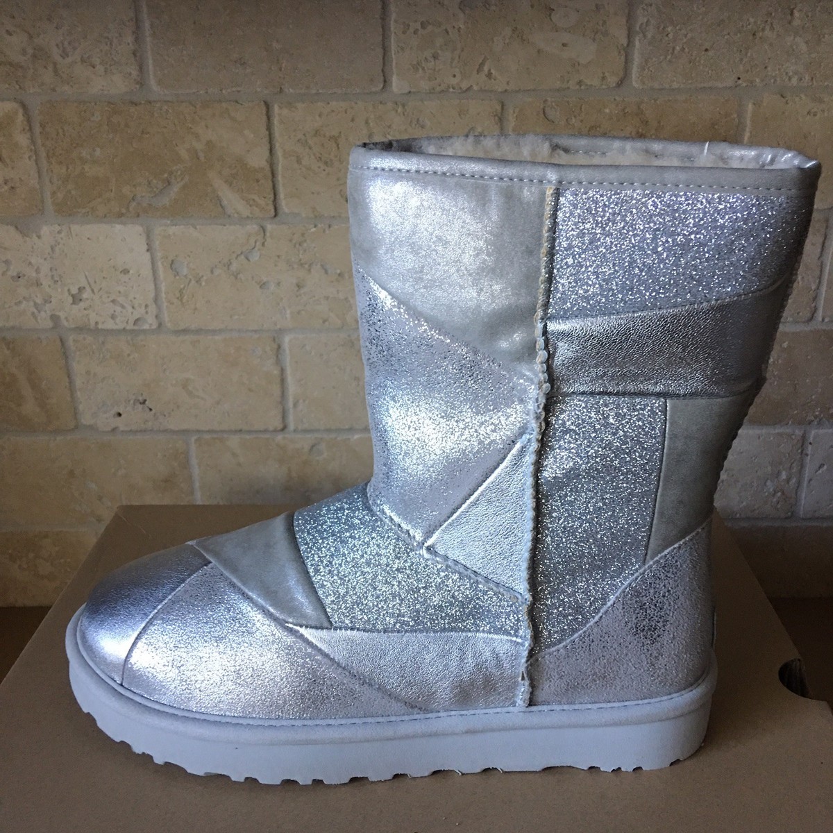 UGG Classic Glitter Patchwork Suede Fur Silver Sparkle Short Boots