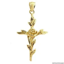 New 14k Yellow Gold Cross with Flower Pendant