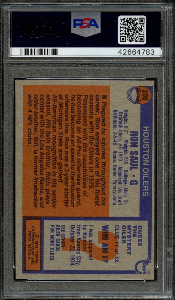 FB - 1976 Topps - #208 - Ron Saul - PSA 9 MINT - Image 2 of 2