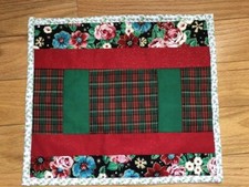 Quilted Table Topper, green and red, 13.5 x 12. handmade, with liner