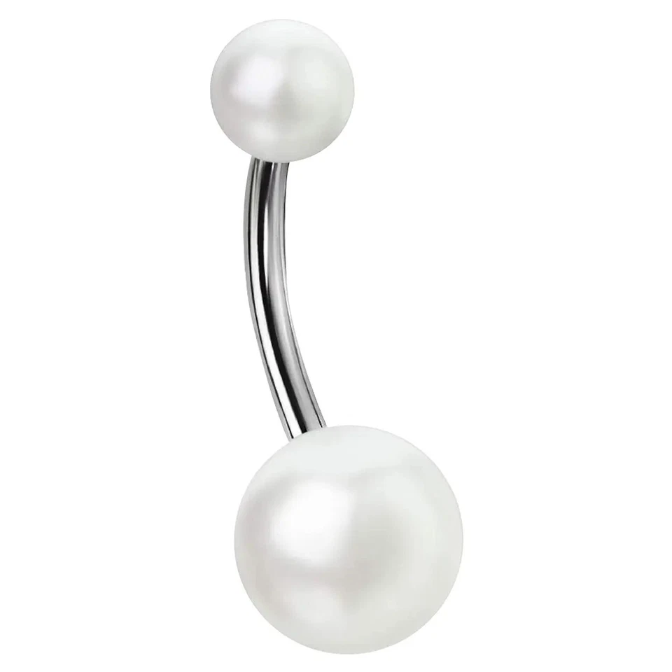 14G Faux Synthetic Pearl Belly Rings Surgical Steel Curved Barbell Acrylic Balls - Image 3 of 4
