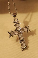 Sparkling Rhinestone Accented Raised Shiny Silvertone X's Cross Pendant Necklace