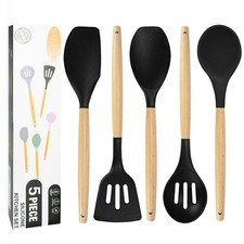 Non-Stick Silicone Cooking Utensils Set, 5 Pcs with Wooden Handle, Heat Resis...