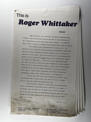 Roger Whittaker Press Kit Biography And Photo Original Promo November 1972