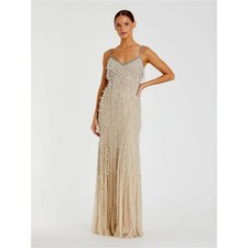 Mac Duggal 10101 Beige V-Neck Column Gown with Fringe Embellishments Size 6 NWT
