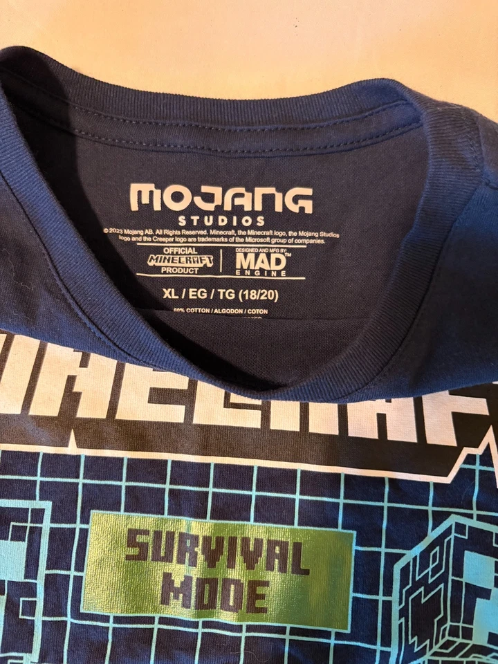 Minecraft Creeper Shirt Boys XL 18/20 Long Sleeve Survival Mode Blue Mojang Game - Image 3 of 4