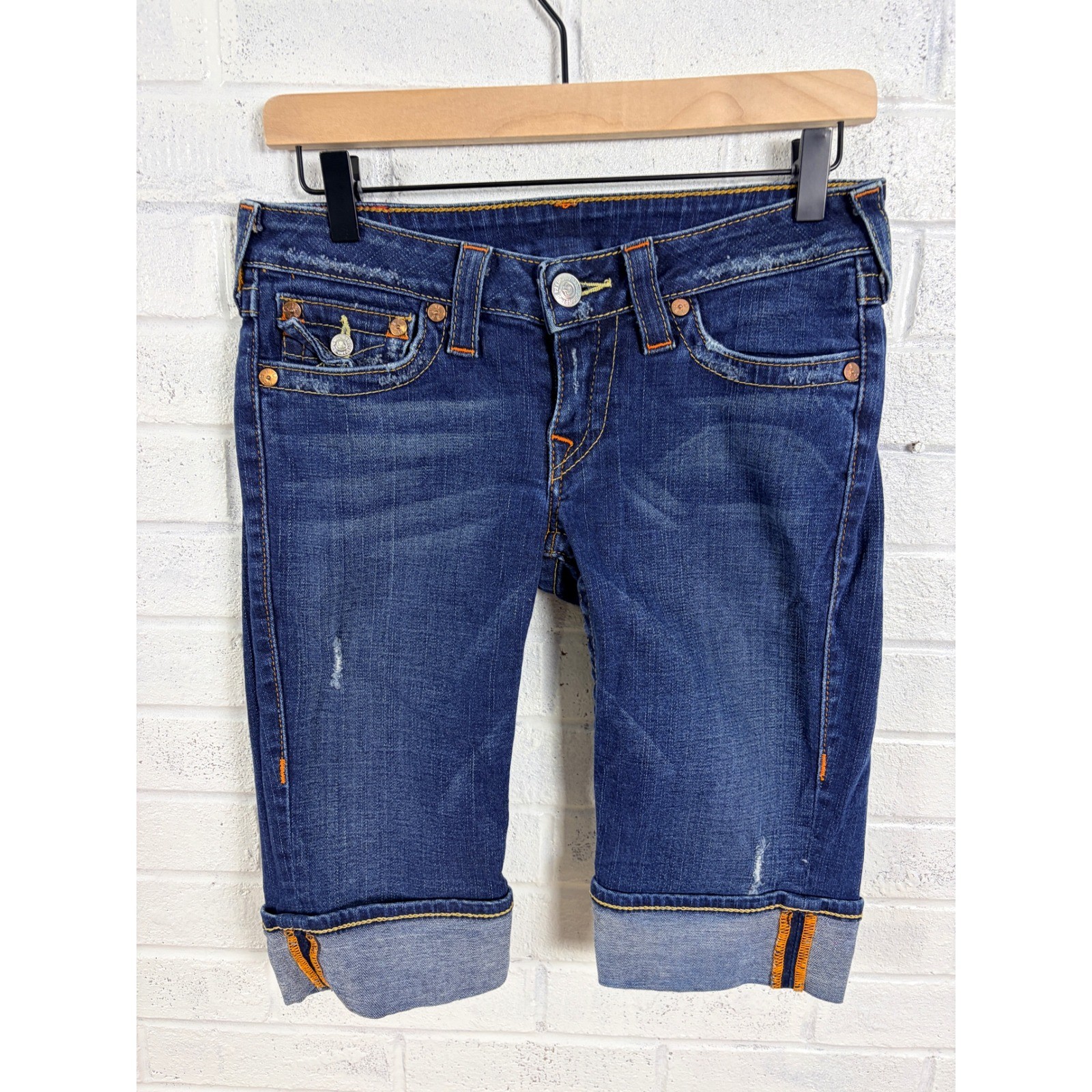 True Religion Sophie Bermuda Shorts Womens 27 Dark Wash Denim Contrast Stitch