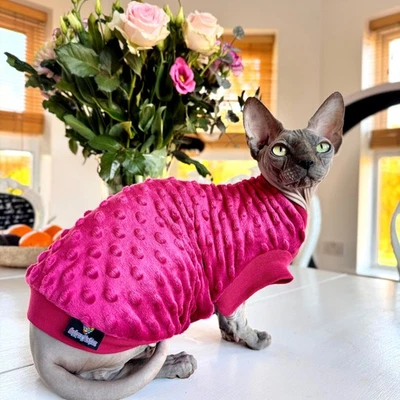 Cranberry Minky Fleece - Sphynx Cat Top , Devon Rex, Peterbald, Pet Cat Clothes