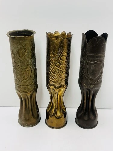 LOT OF 3: EARLY 1900’s ATQ EMBOSSED DECO AMMO SHELLS (VERDUN/MONTSPERE/ARGONNE)