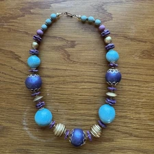 Vintage Foam Beaded Statement Blue Purple Gold Beaded Necklace