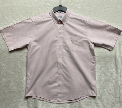 LL Bean Shirt Mens Size 17 Reg Large Pink White Stripe Button Down Wrinkle Free