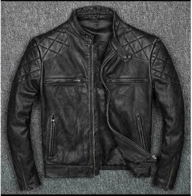 Mens Biker Vintage Cafe Racer Distressed Black Real Leather Jacket-FREE SHIPPING