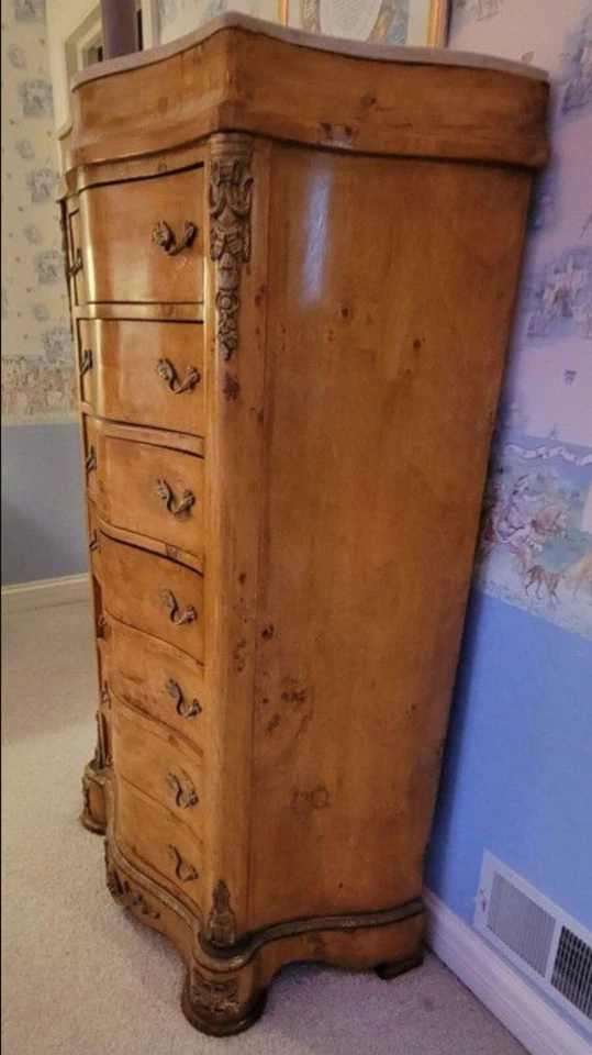 French Empire Style Antique Ormalu Tall Boy Dresser Chest Marble Top 7 Drawers - Image 2 of 4