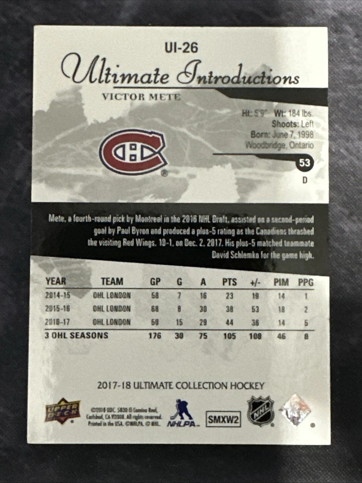 2017-18 Ultimate Collection Ultimate Introductions UI-26 Victor Mete Canadiens - Image 2 of 2