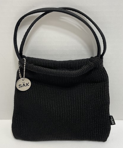 THE SAK Black EVENING PURSE Bag SNAP CLOSURE Knit CROCHET 2 HANDLES Zip Pocket - 第 1/20 張圖片
