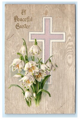 A Peaceful Easter Embossed Postcard Cross Lilies Flowers D1