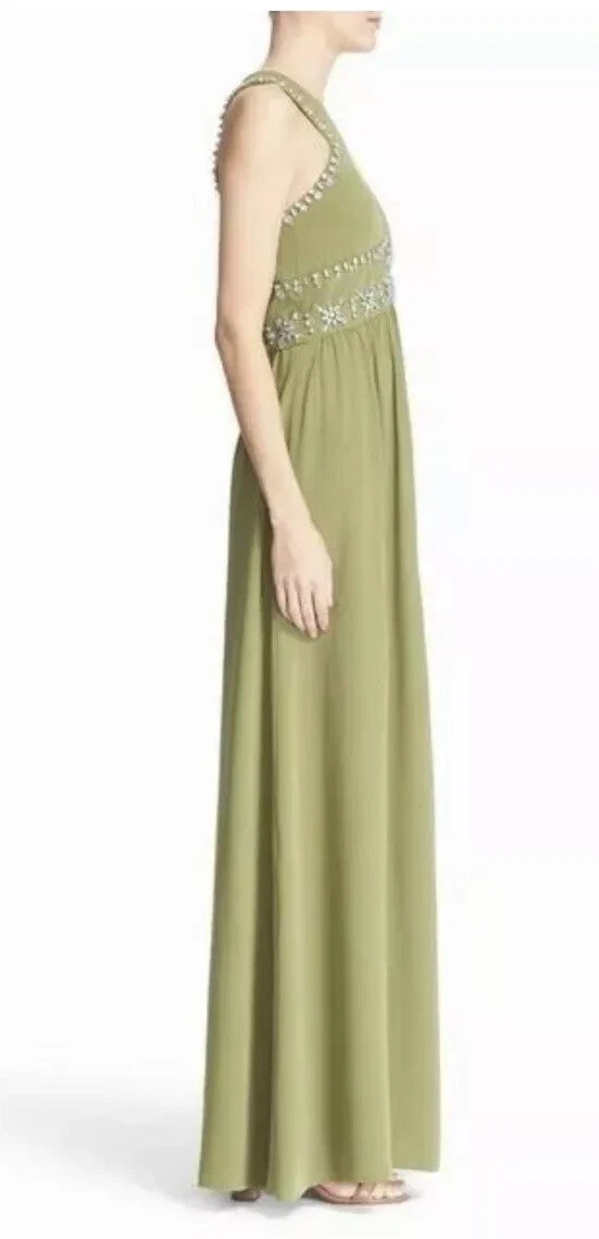 Abito nuovo senza etichette $1795 TORY BURCH 'LUISA' impreziosito ritagliato dietro colline verde taglia 2