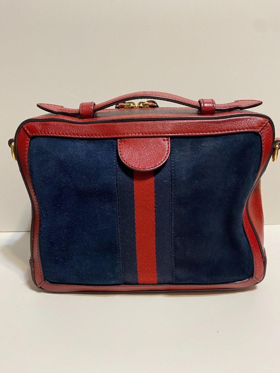 Authentic GUCCI Blue Suede Red Trim Ophidia Zip Around Camera Bag