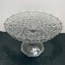Vintage Crystal Glass Pedestal Cake Stand Fruit Bowl 10” Dia 18cm Tall