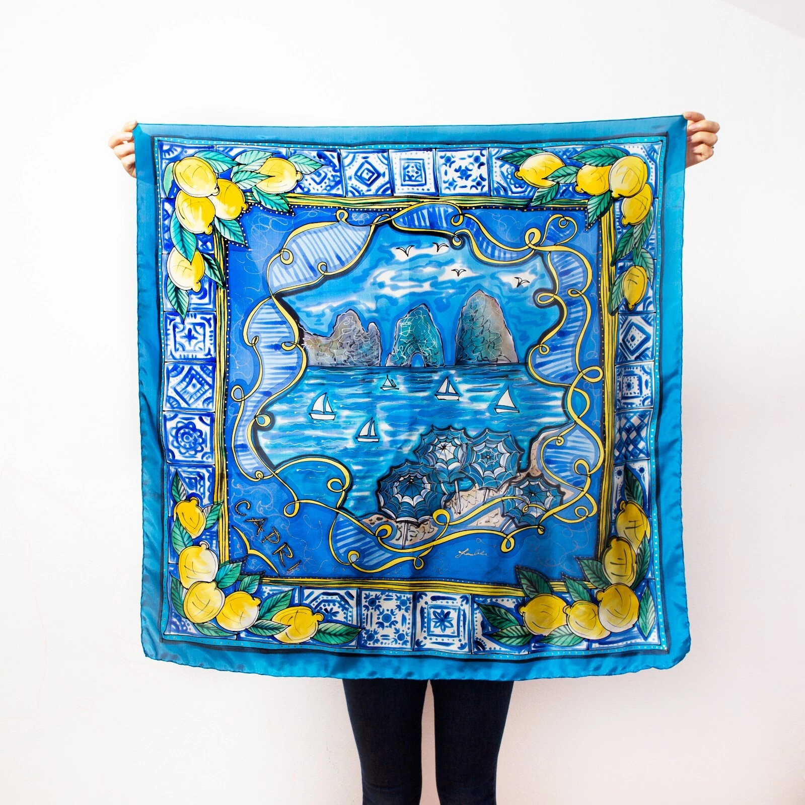 Capri Italy Blue Hand Painted Silk Square Scarf Faraglioni Silk Head Scarf Gift