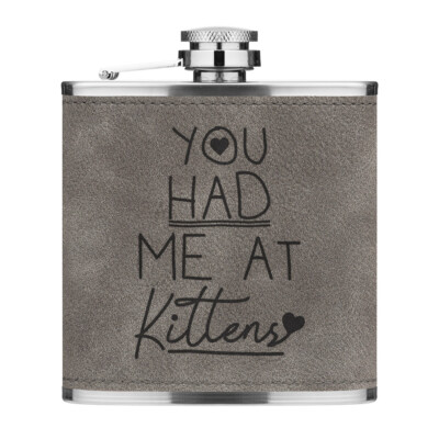 You Had Me At Kätzchen 170ml Pu-Leder Flachmann Grau Lustig Liebe Cats Valentins