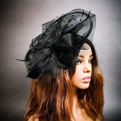 Polka Dot Floral Fascinator Hat in Olive Green and Black Green Top Hat with Feathers and Polka Dot Veil - Magical  main image 3